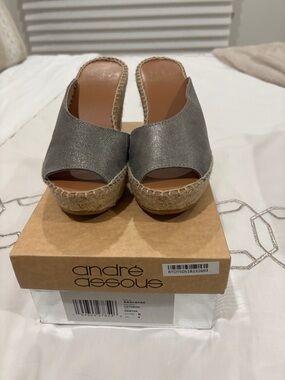Andre Assous Metallic Gray Espadrille Slide Wedges